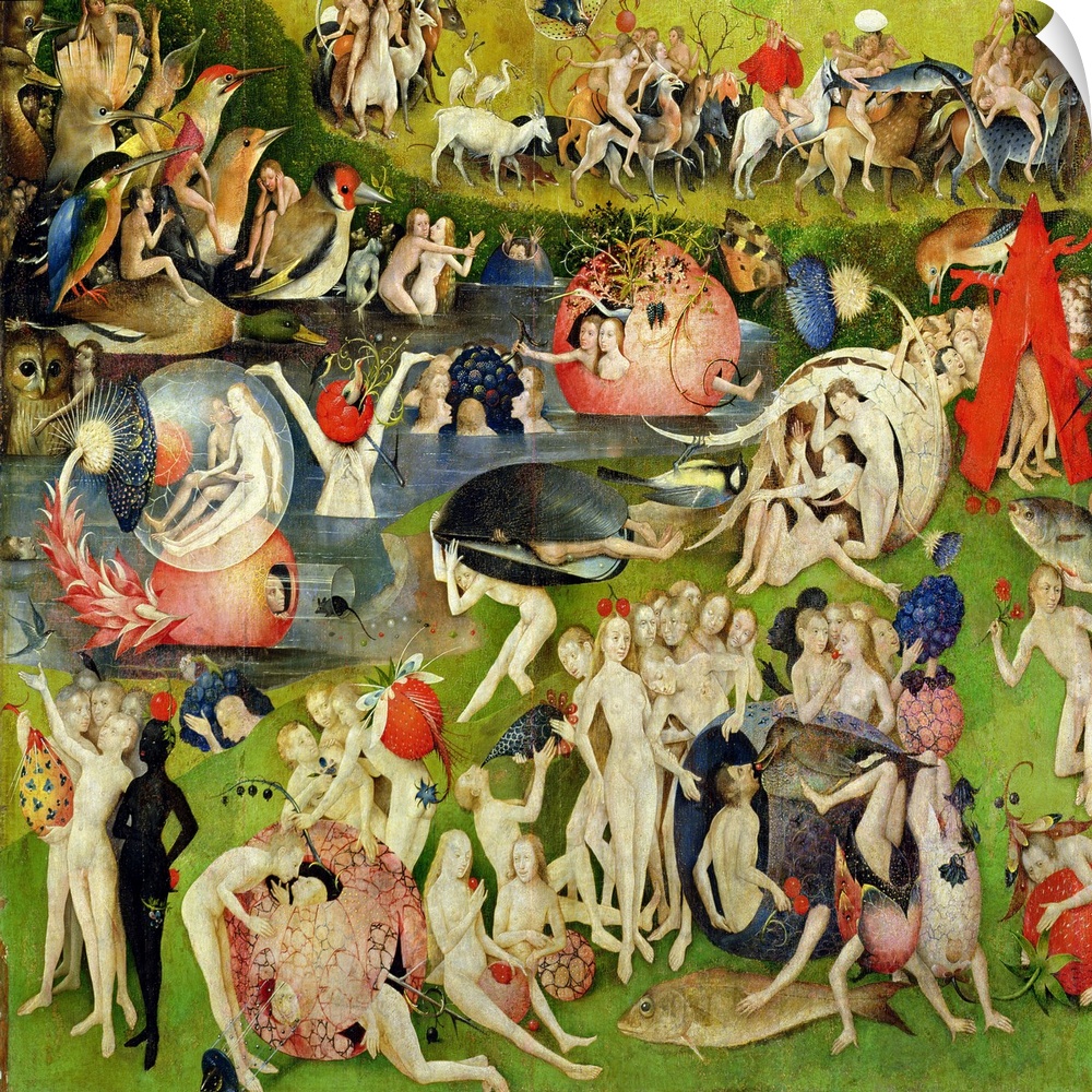 XIR148897 The Garden of Earthly Delights: Allegory of Luxury, central panel of triptych, c.1500 (oil on panel) (detail of ...