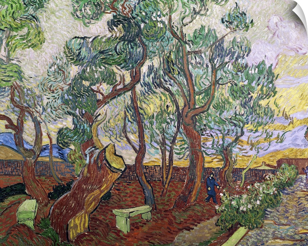 Large, horizontal classic painting of a line of trees with curvy bunches of leaves, alongside a walkway next to a building...
