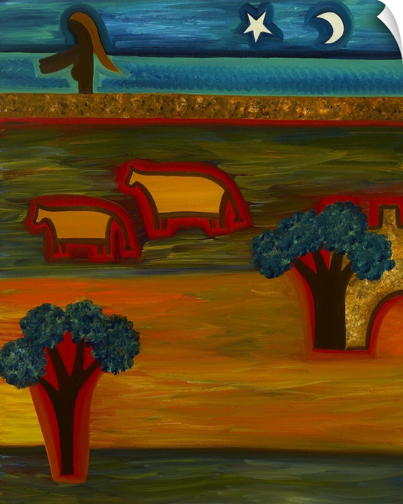 Contemporary painting of a woman near two cows at night.