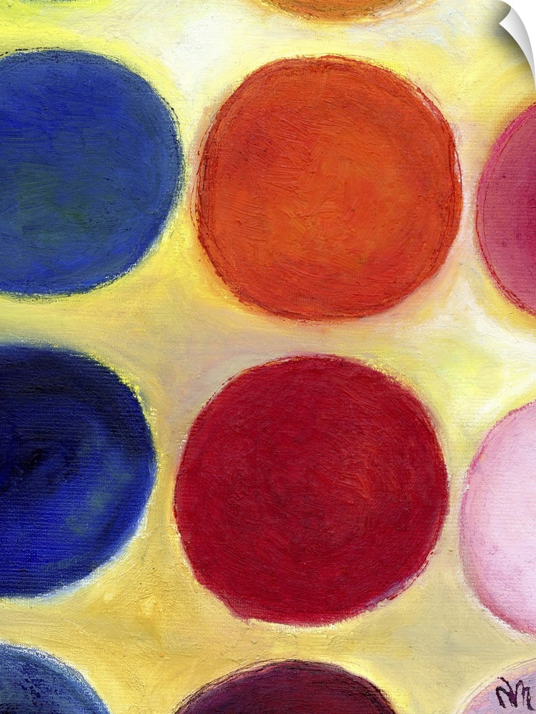Contemporary painting of a colorful circles against a yellow background.