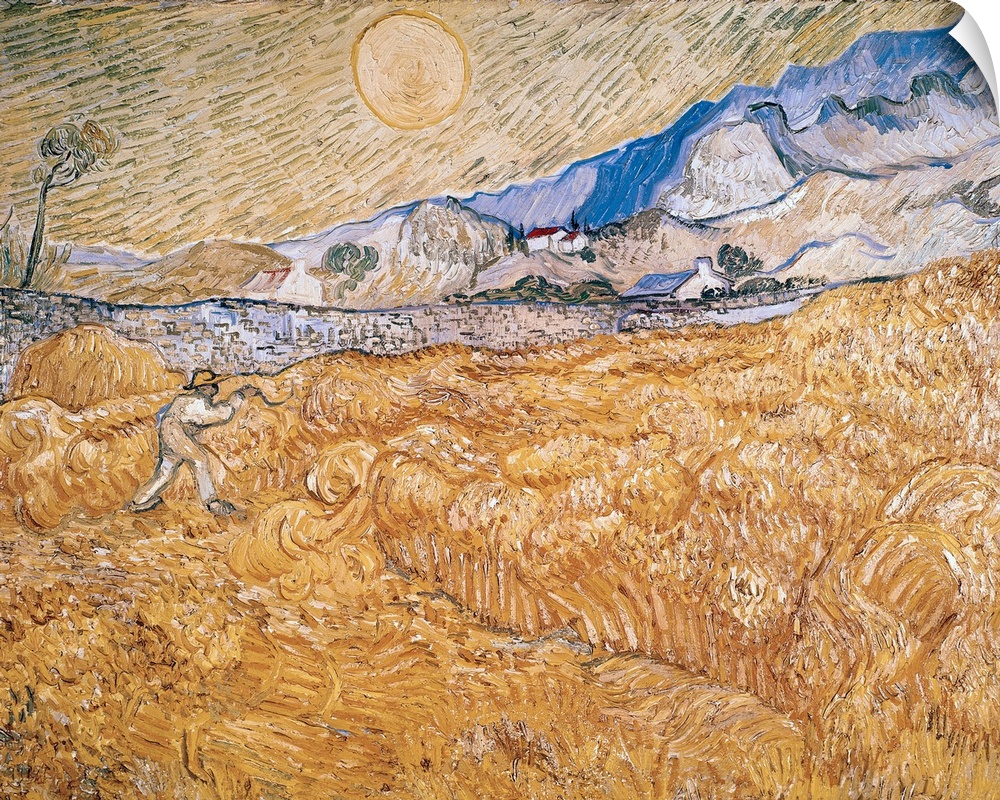 Big canvas of a classical painting of a man working in a field with a countryside in the background.