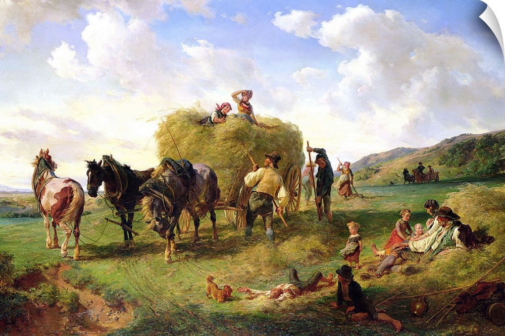 Farmers collect hay and stack it onto a buggy that is being pulled by several horses. Children lay in the hay and on an op...