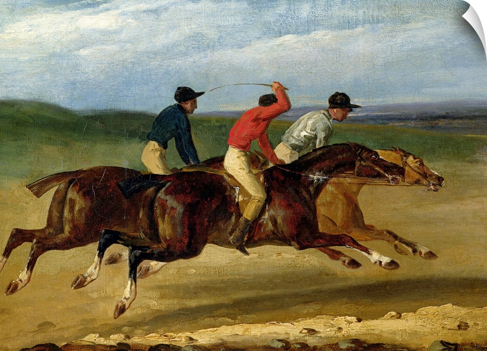 Large landscape painting of three jockeys racing on horses, all close to each other as the horses gallop through the dirt,...
