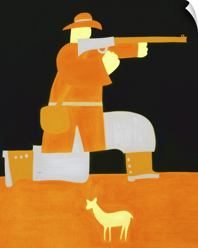 Contemporary painting of a hunter holding a rifle.