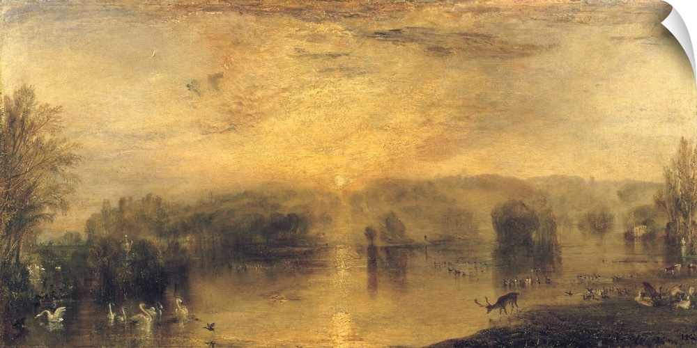 BAL75938 The Lake, Petworth: Sunset, a Stag Drinking, c.1829  by Turner, Joseph Mallord William (1775-1851); oil on canvas...