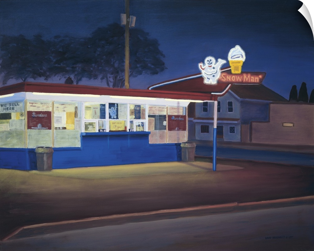 Contemporary painting of an ice cream shop with a lit neon sign.