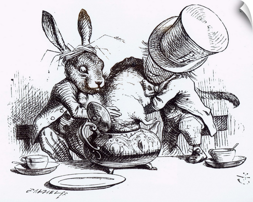 The Mad Hatter and the March Hare putting the Dormouse in the Teapot, illustration from 'Alice's Adventures in Wonderland'...