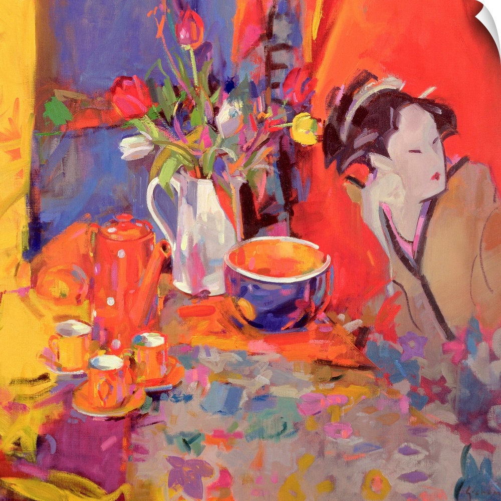A geisha sits on a table with dishes and a vase of flowers in front of her. Painting is full of vibrant colors.