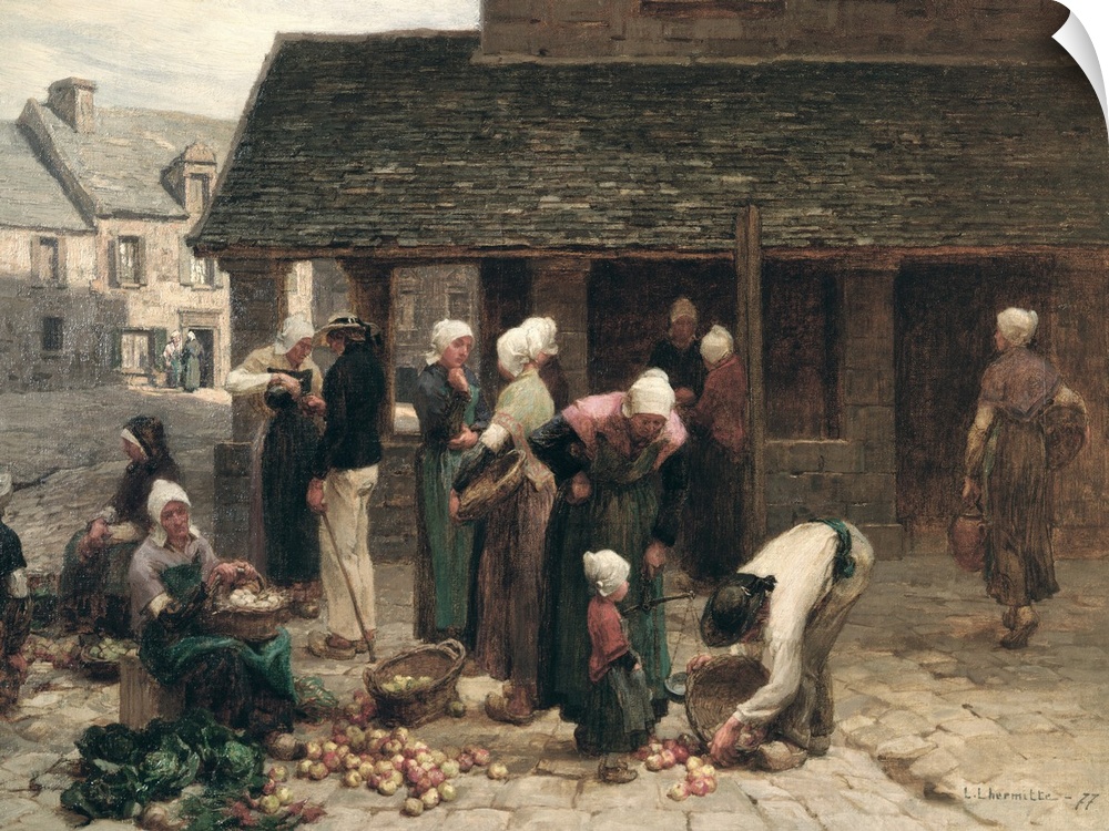 BAL4994 The Market Place of Ploudalmezeau, Brittany, 1877 (oil on canvas)  by Lhermitte, Leon Augustin (1844-1925); Victoria