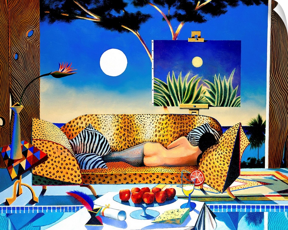 Contemporary painting of a woman on an animal-print couch in the evening.