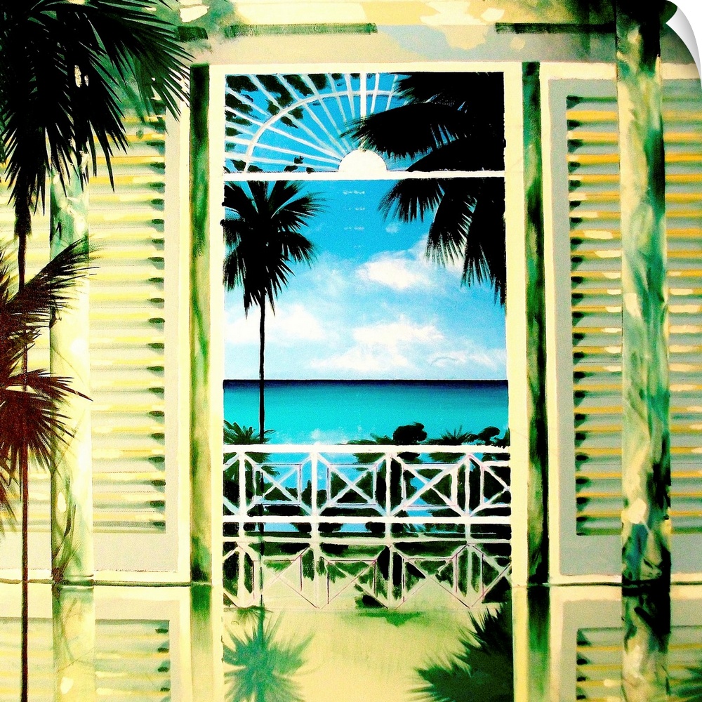 Contemporary painting looking out through a window to a tropical sea.