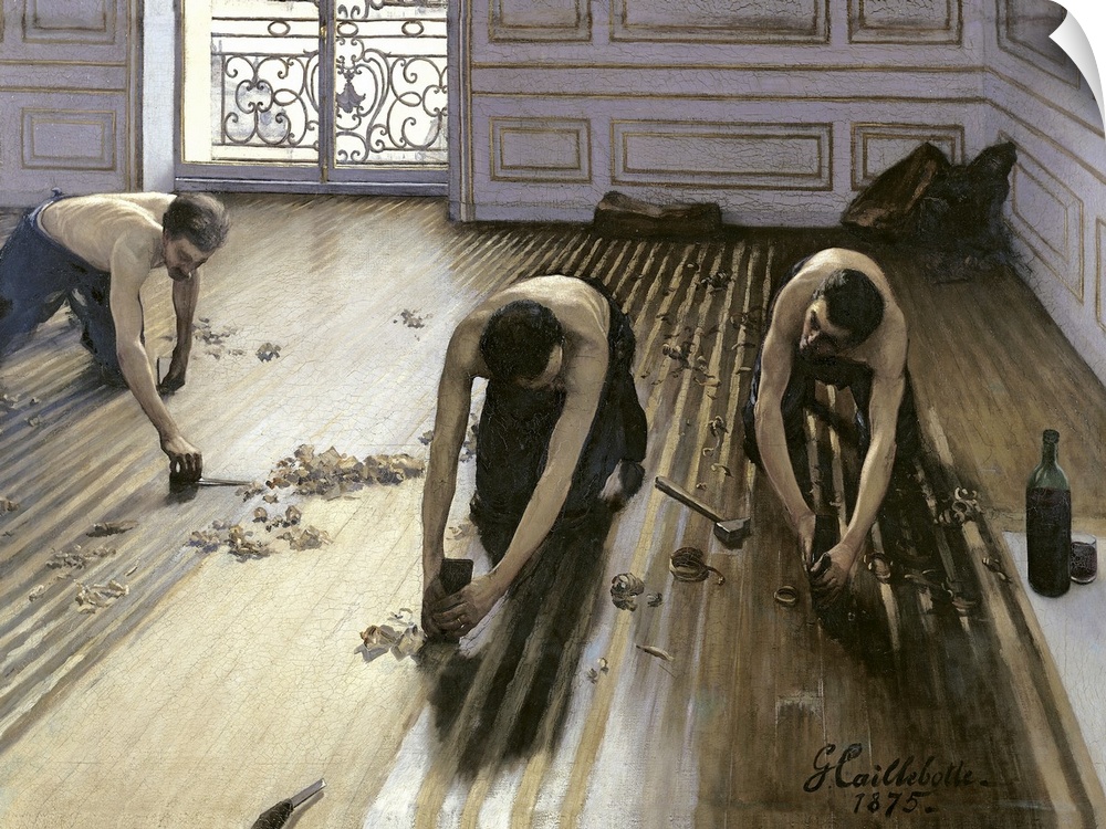 XIR21328 The Parquet Planers, 1875 (oil on canvas)  by Caillebotte, Gustave (1848-94); 102x146 cm; Musee d'Orsay, Paris, F...