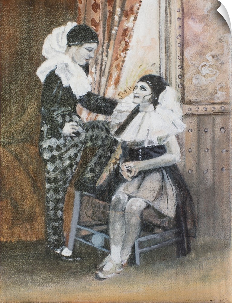 Contemporary artwork of tow clown performers talking backstage.