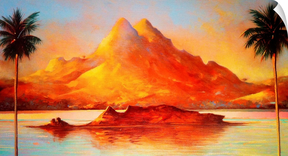 Contemporary painting of a tropical mountainous beach at sunset.