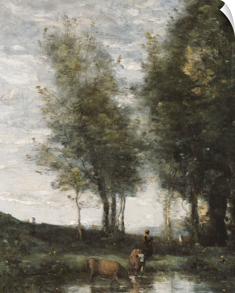 BRM280017 The pond, cowherd (oil oncanvas)  by Corot, Jean Baptiste Camille (1796-1875); oil on canvas; 40x33 cm; Private ...