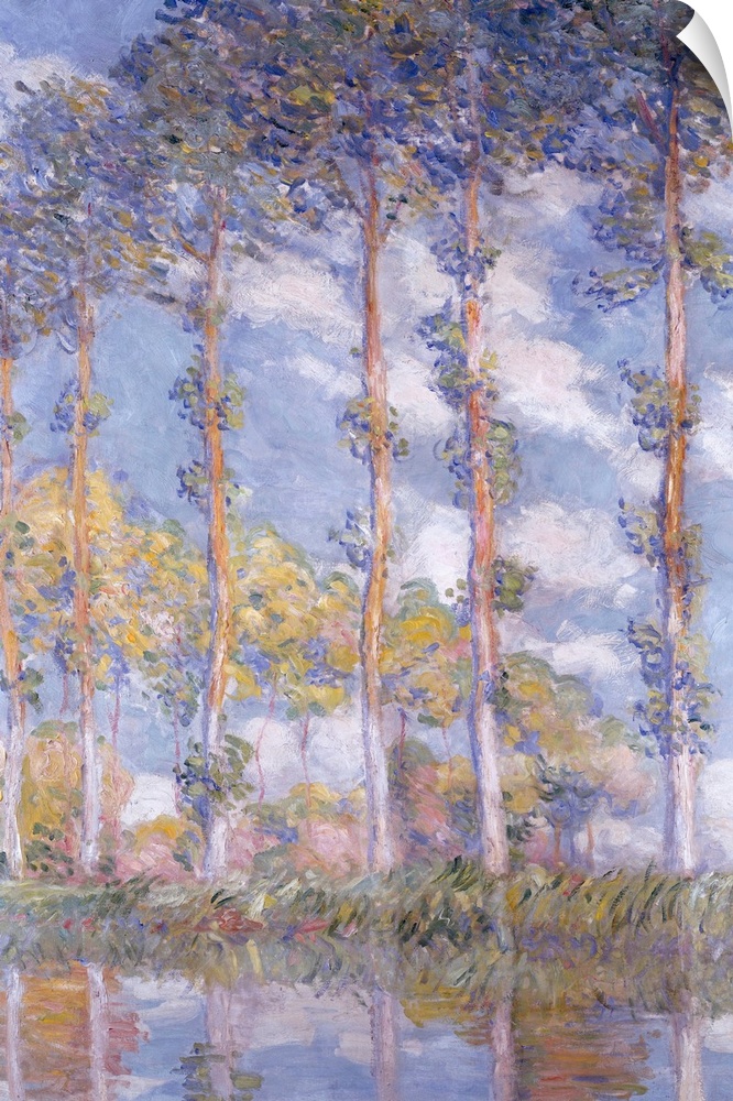 Big, vertical classic painting of a line of tall Poplar trees in front of a blue sky, reflecting in the waters below.