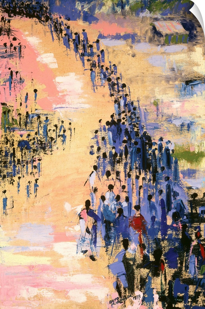 This vertical painting depicts a scene that is an exodus of abstract black figures progressing towards the horizon in this...