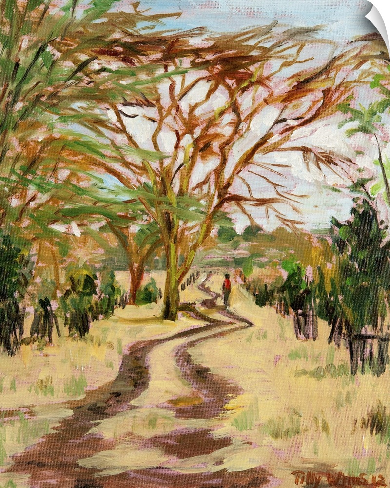 Contemporary painting of tracks through the Kenyan landscape.