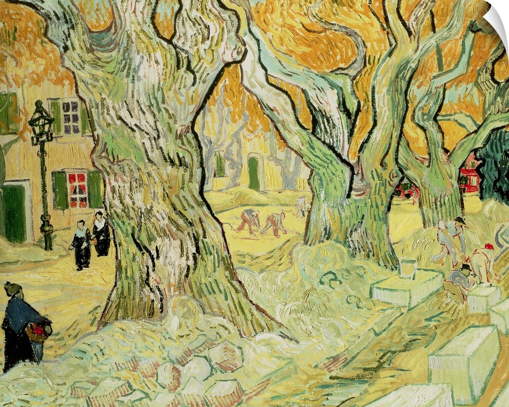 Large trees line the middle of this print with houses and a street just to the left where people are walking. Benches sit ...