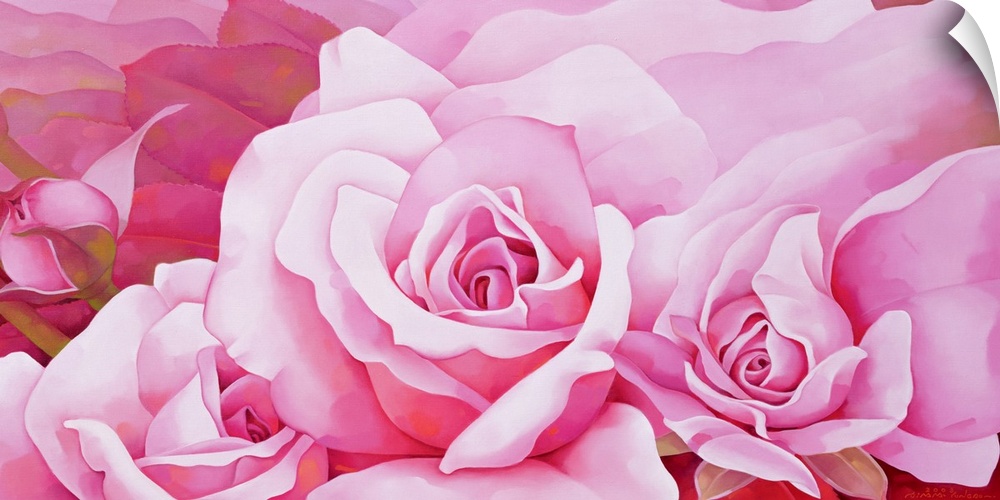 A beautiful painting of full bloom and blooming pink roses.