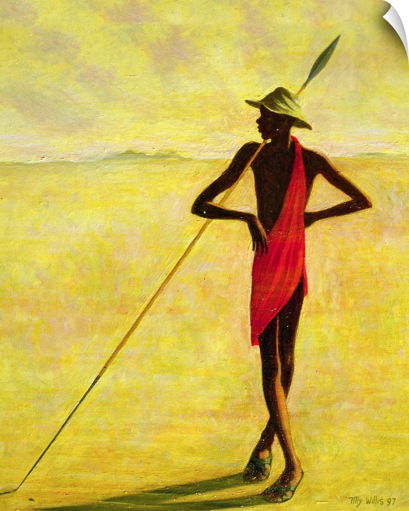 A figure standing on the African plains, cast in shadows, leaning against a long spear.