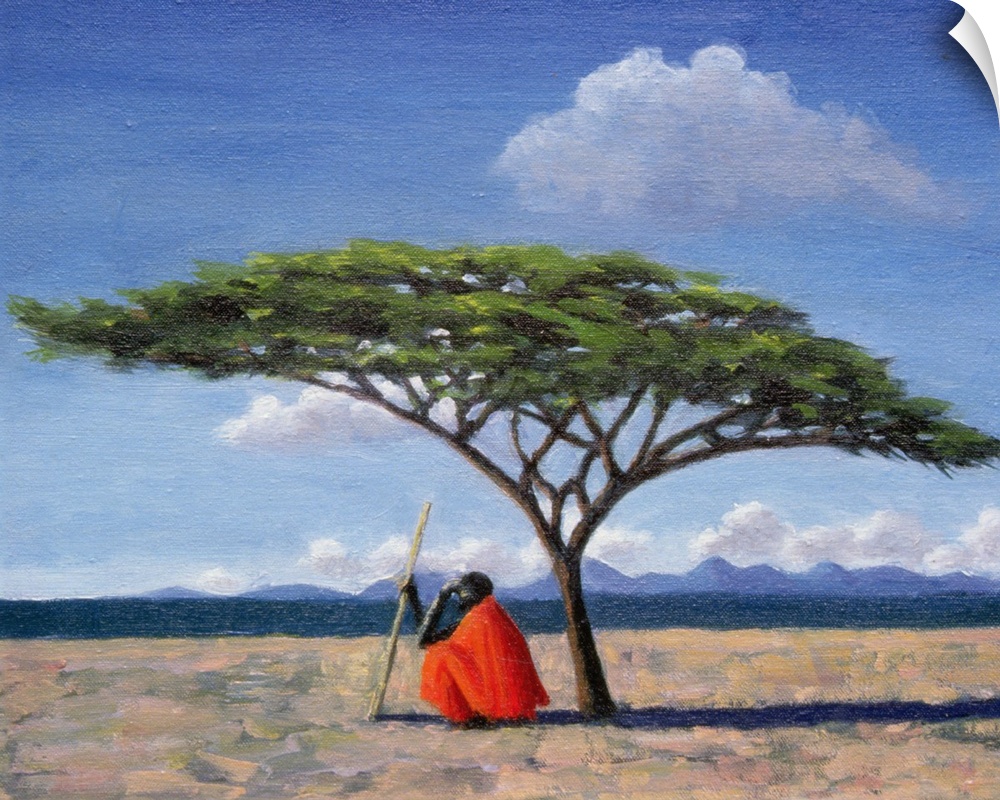 Landscape painting on a big canvas of an African figure, holding a walking stick, squatting under a shade tree on a sunlit...