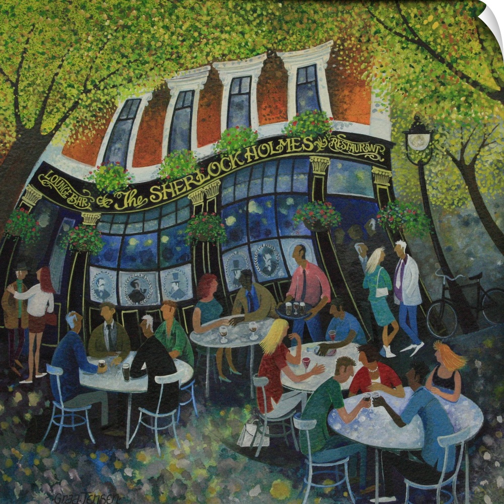 Contemporary painting of people sitting outside at a pub.