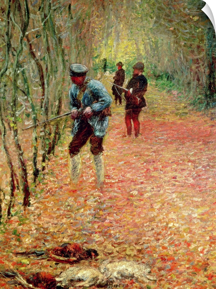 Wall painting of hunters looking through a dense forest holding guns.