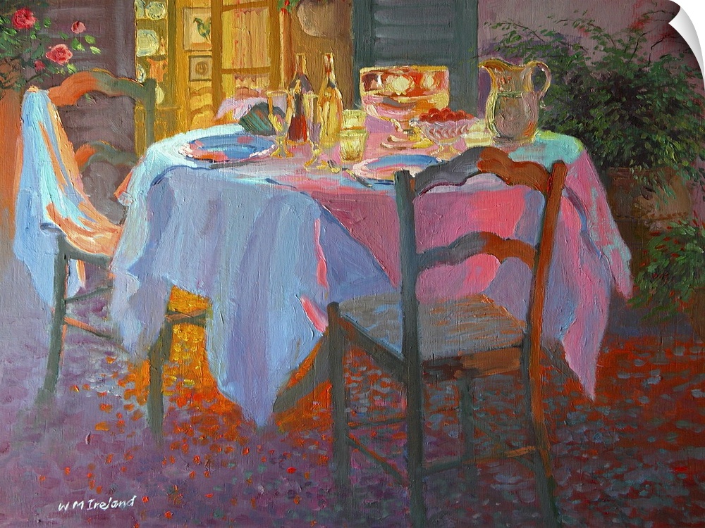 Contemporary artwork of an outdoor table scape for two people during the evening.