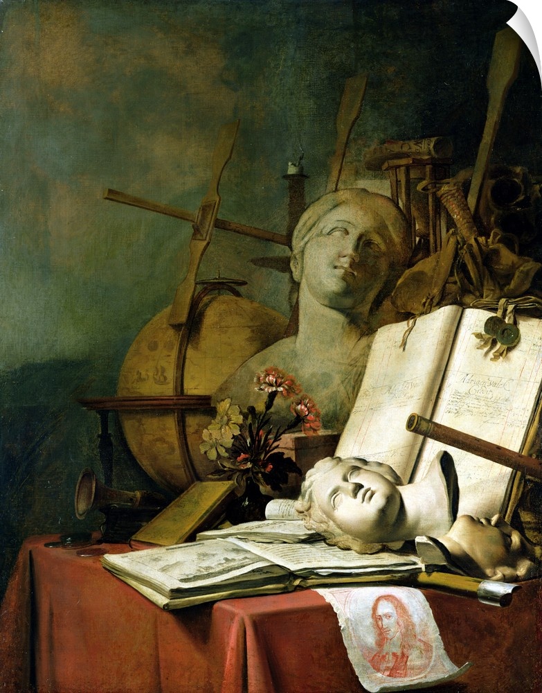 drawn self portrait of the painter; natural sciences represented by globe and Jacob's staff;