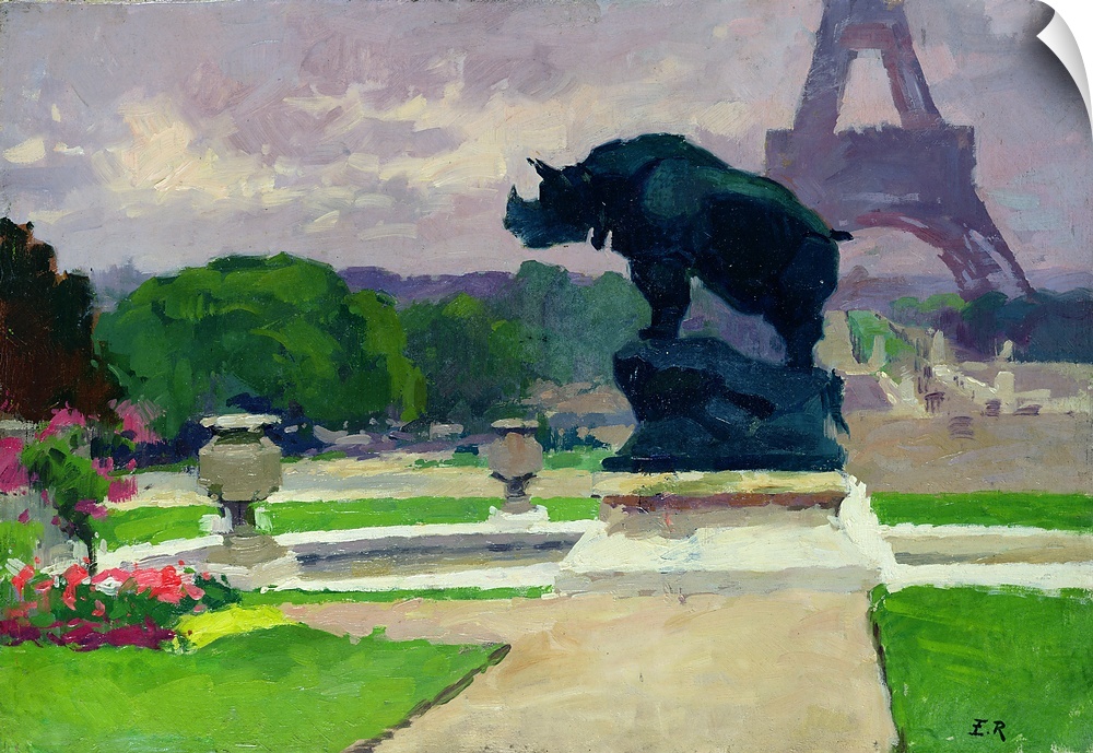 XIR164747 The Trocadero Gardens and the Rhinoceros by Jacquemart (oil on canvas)  by Renoux, Jules Ernest (1863-1932); Mus...