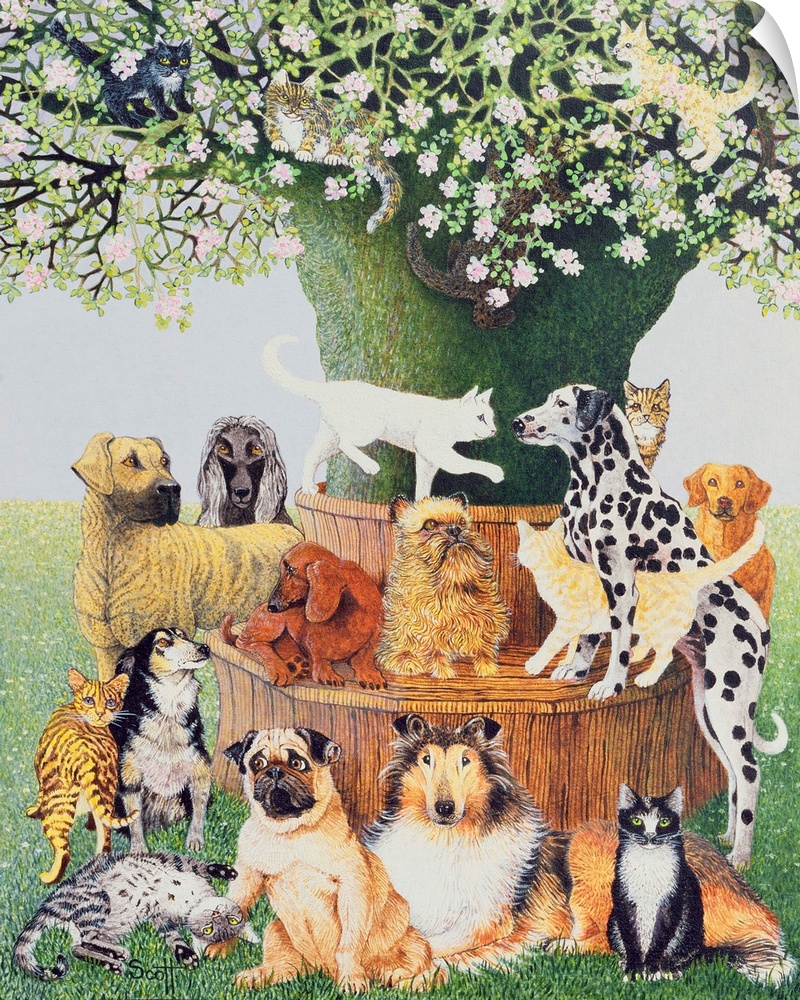 Contemporary painting of a variety of different dogs and cats around a tree.