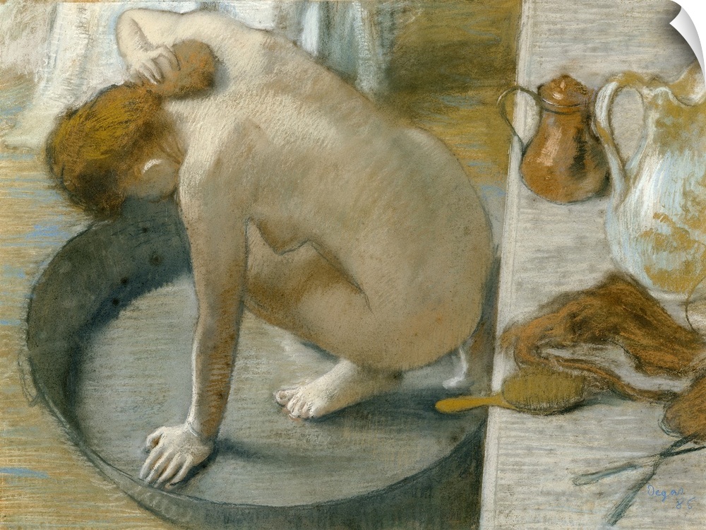 Painting of woman bathing in a small tin pan.