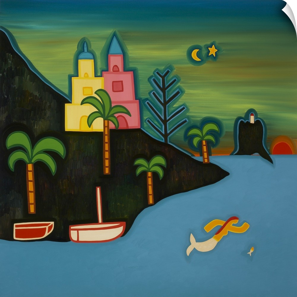 Contemporary painting of a mermaid swimming near a tropical shoreline.