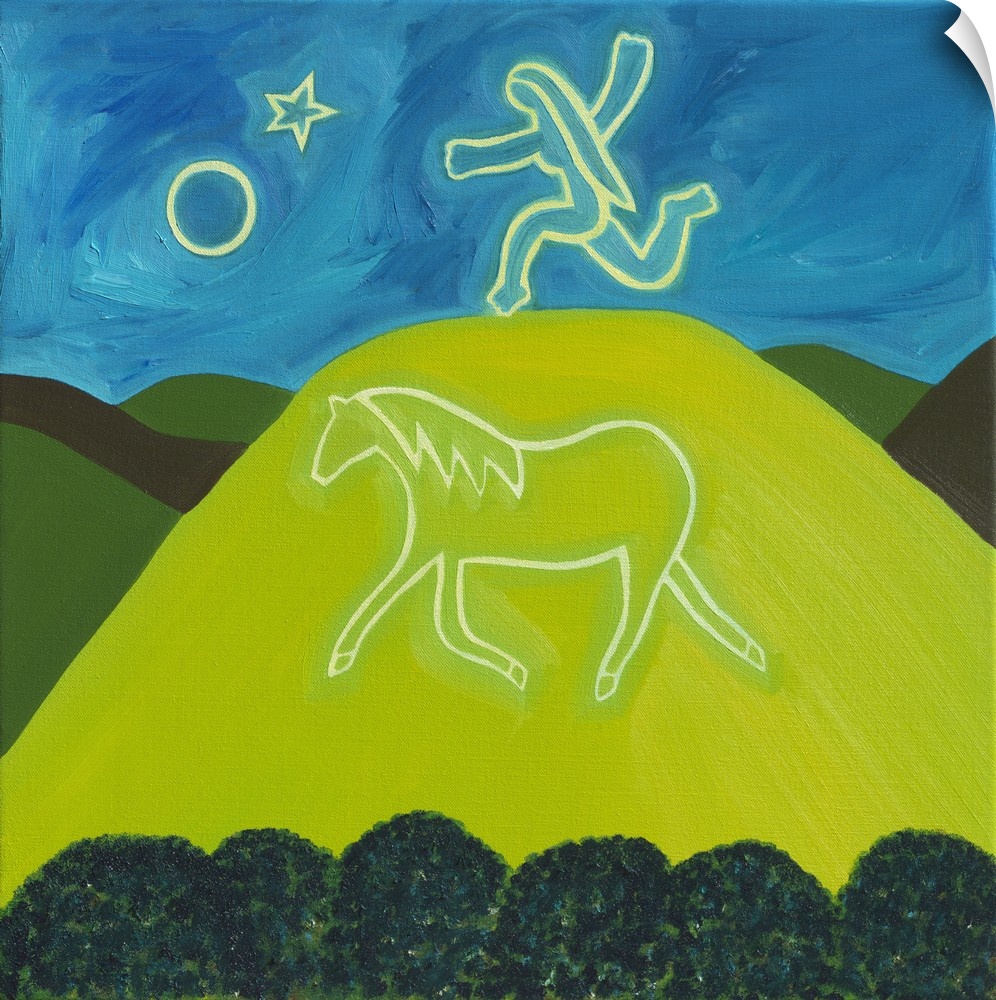 Contemporary painting of a large figure of a horse on a hill.