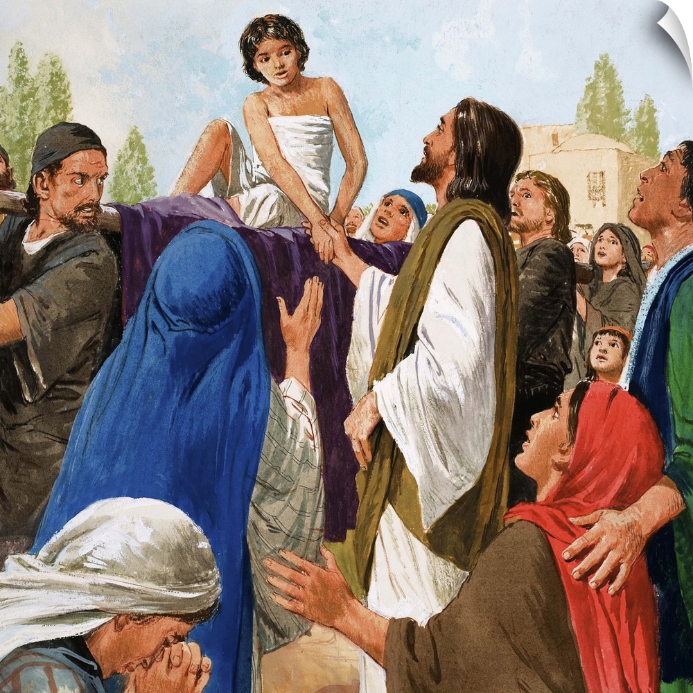 The Miracles of Jesus: The Widow's Son from St Luke's Gospel in The Bible. original artwork for illustration on p9 of Trea...