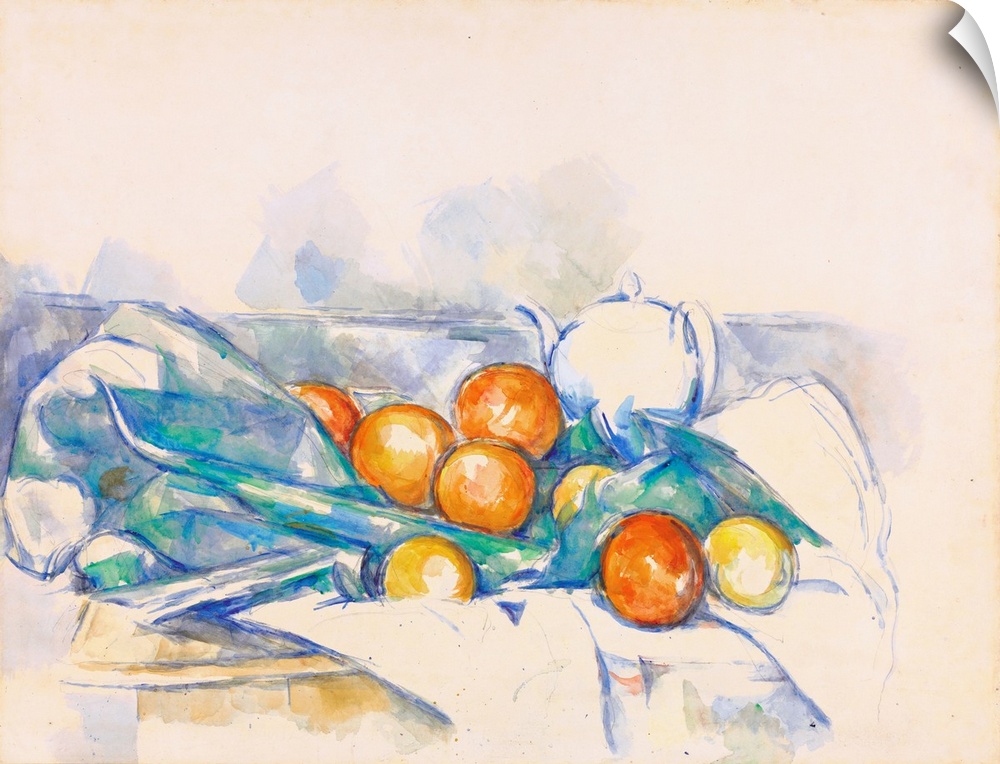 Theiere et oranges (La Nappe), c.1895-1900 (originally gouache, w/c and pencil on paper) by Cezanne, Paul (1839-1906)