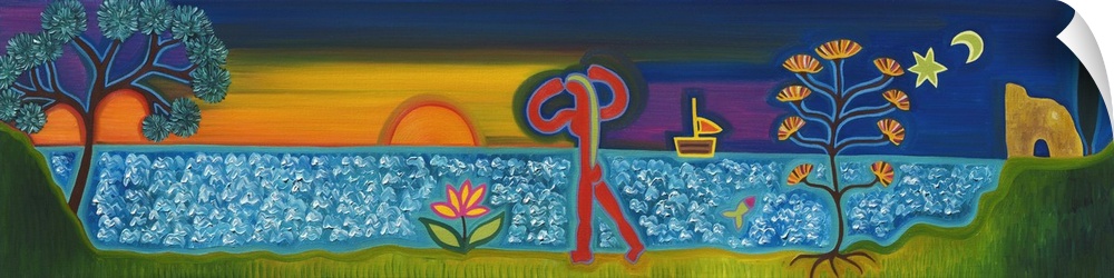 Contemporary painting of a person walking along the ocean at sunset.