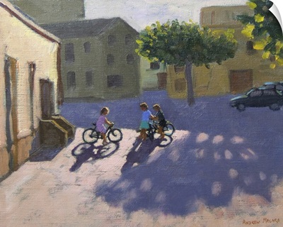 Three children with bicycles, Spain