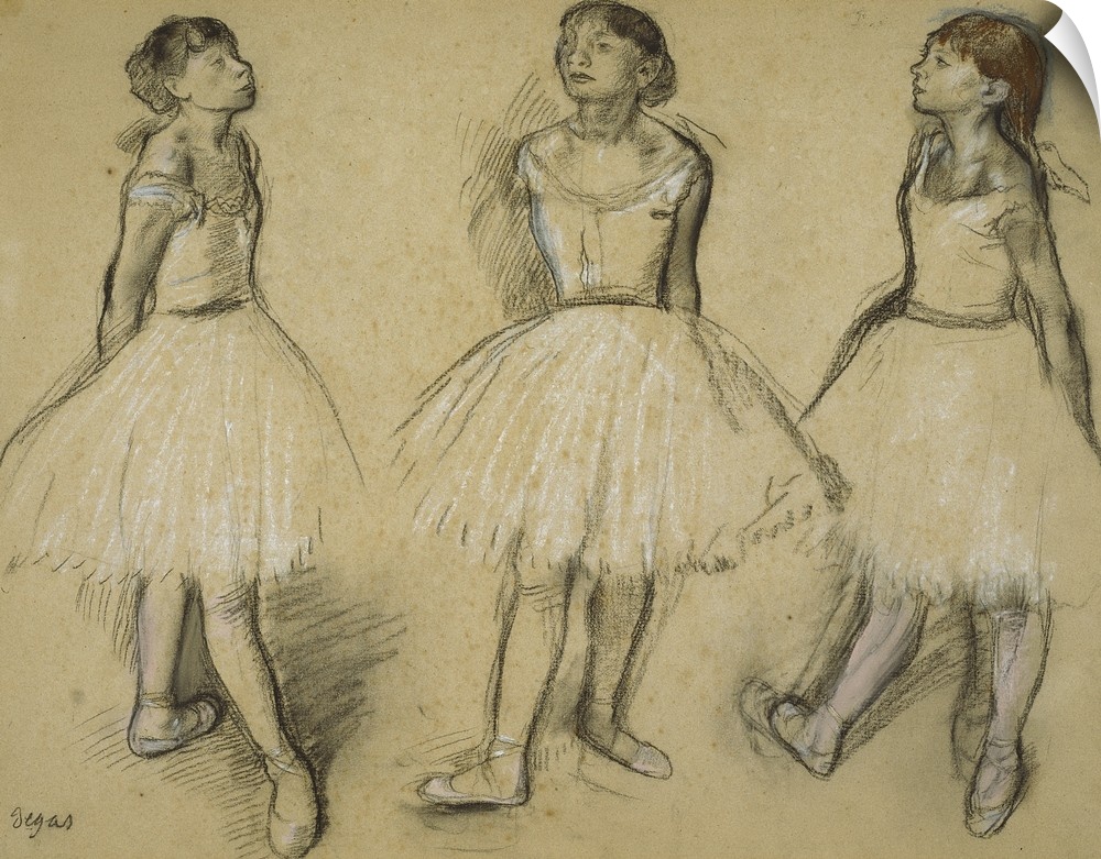 Three Studies of a Dancer in Fourth Position, 1879-80, charcoal and pastel with stumping, and touches of brush and black w...