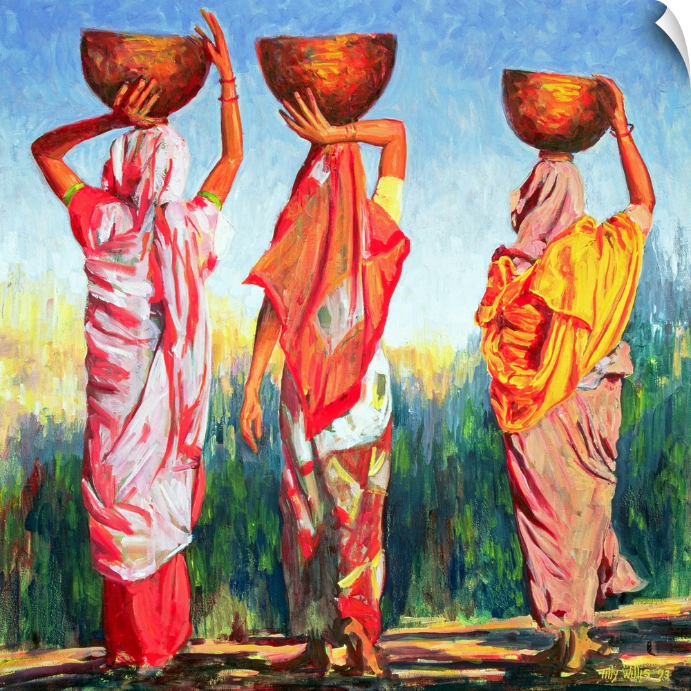 Oil painting on canvas of three women carrying bowls on their heads walking towards a tall field.