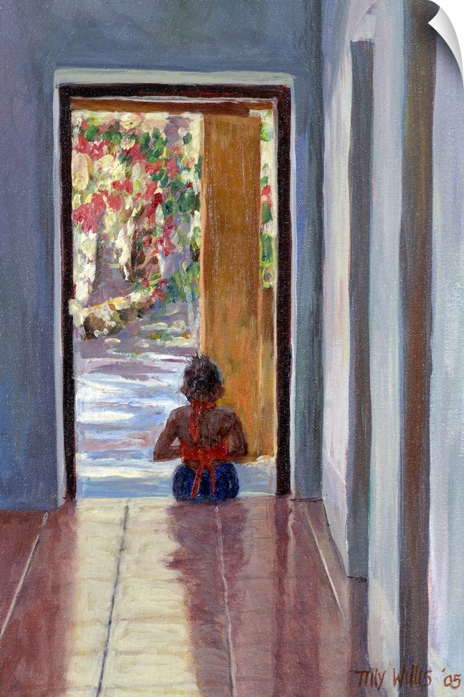 Contemporary artwork that shows a little girl sitting on a tile floor in a doorway with a garden like scene just in front ...