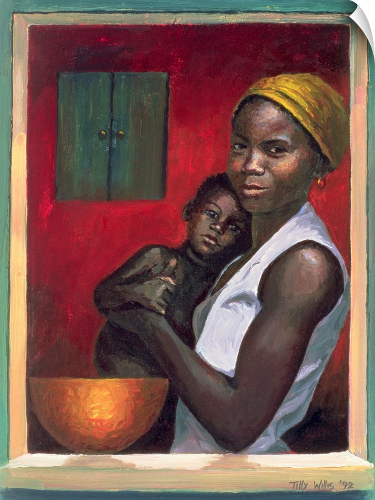 Contemporary painting of a dark-skinned woman holding her young son with a bowl and a cupboard, seen through an open window.