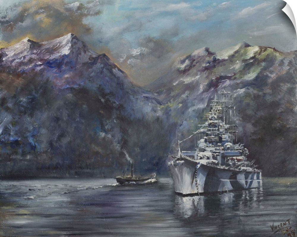 Contemporary painting of a battle ship in a harbor surrounded by mountains.