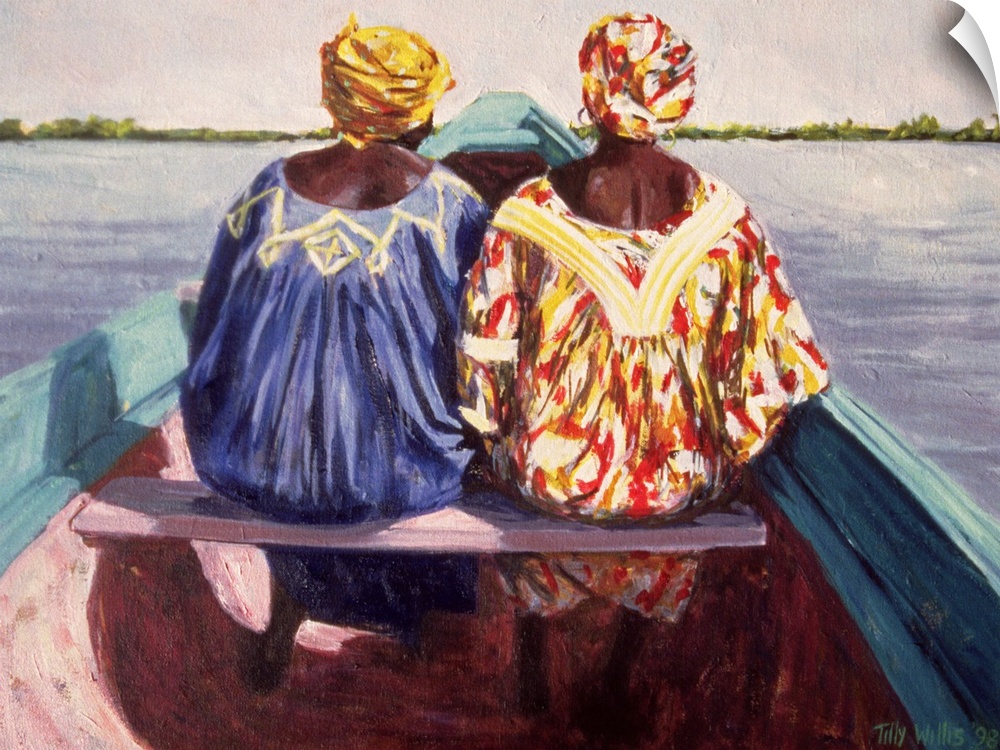 Painting of two African woman sitting next to each other on a canoe style blue boat in the water looking at shore.