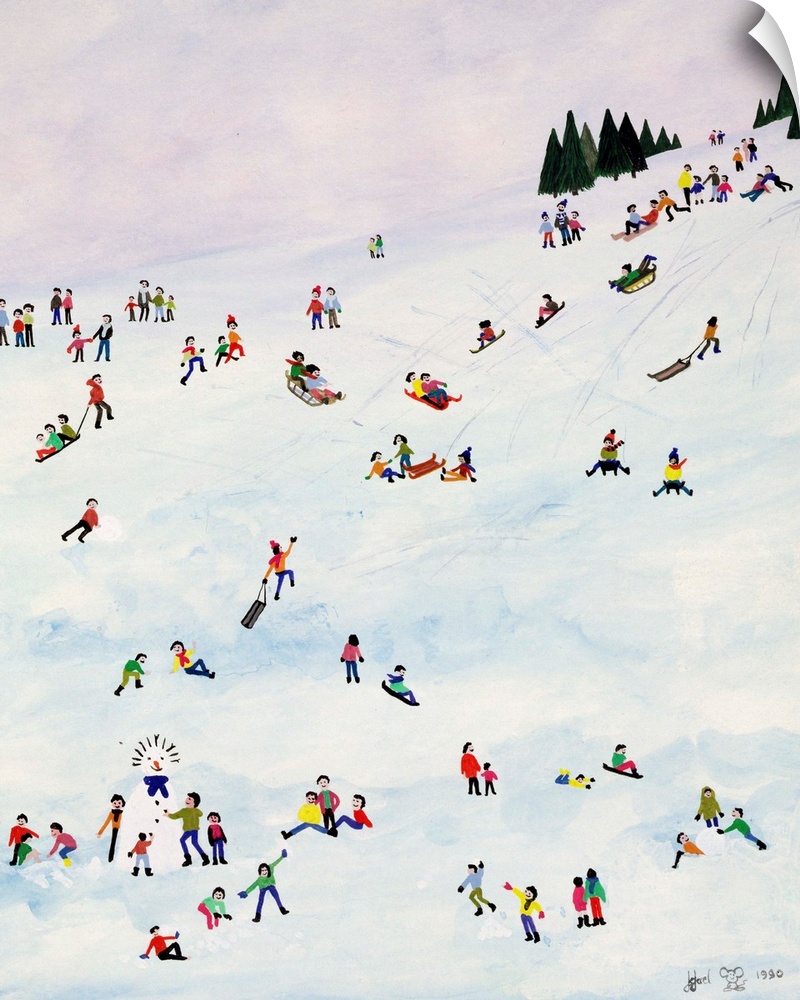 Contemporary painting of people sledding down a snowy hill.