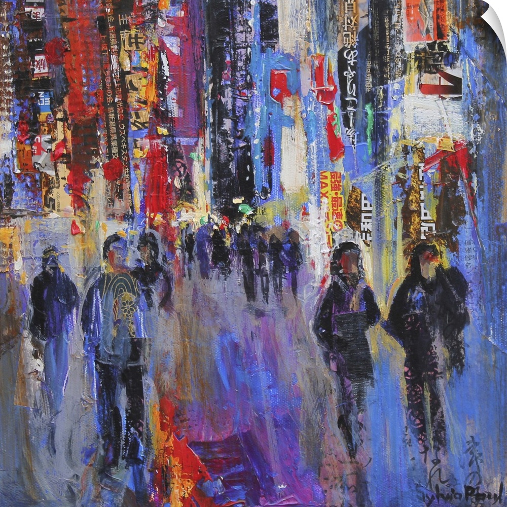 Contemporary painting of crowded streets of Tokyo.