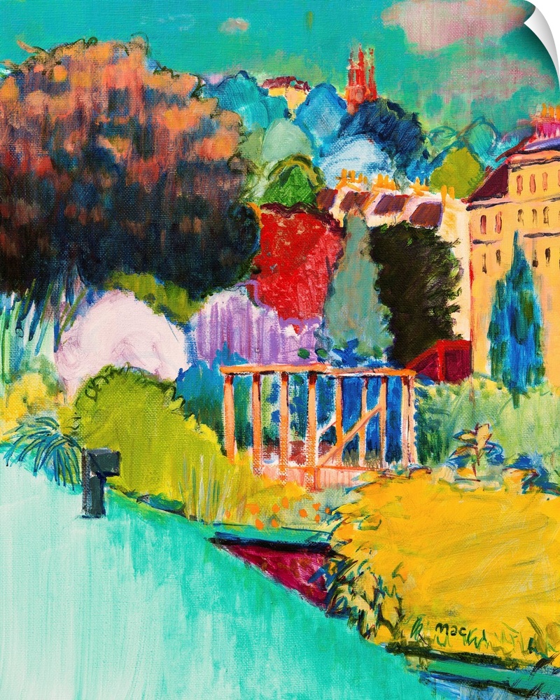 Contemporary painting of a garden using vibrant colors.