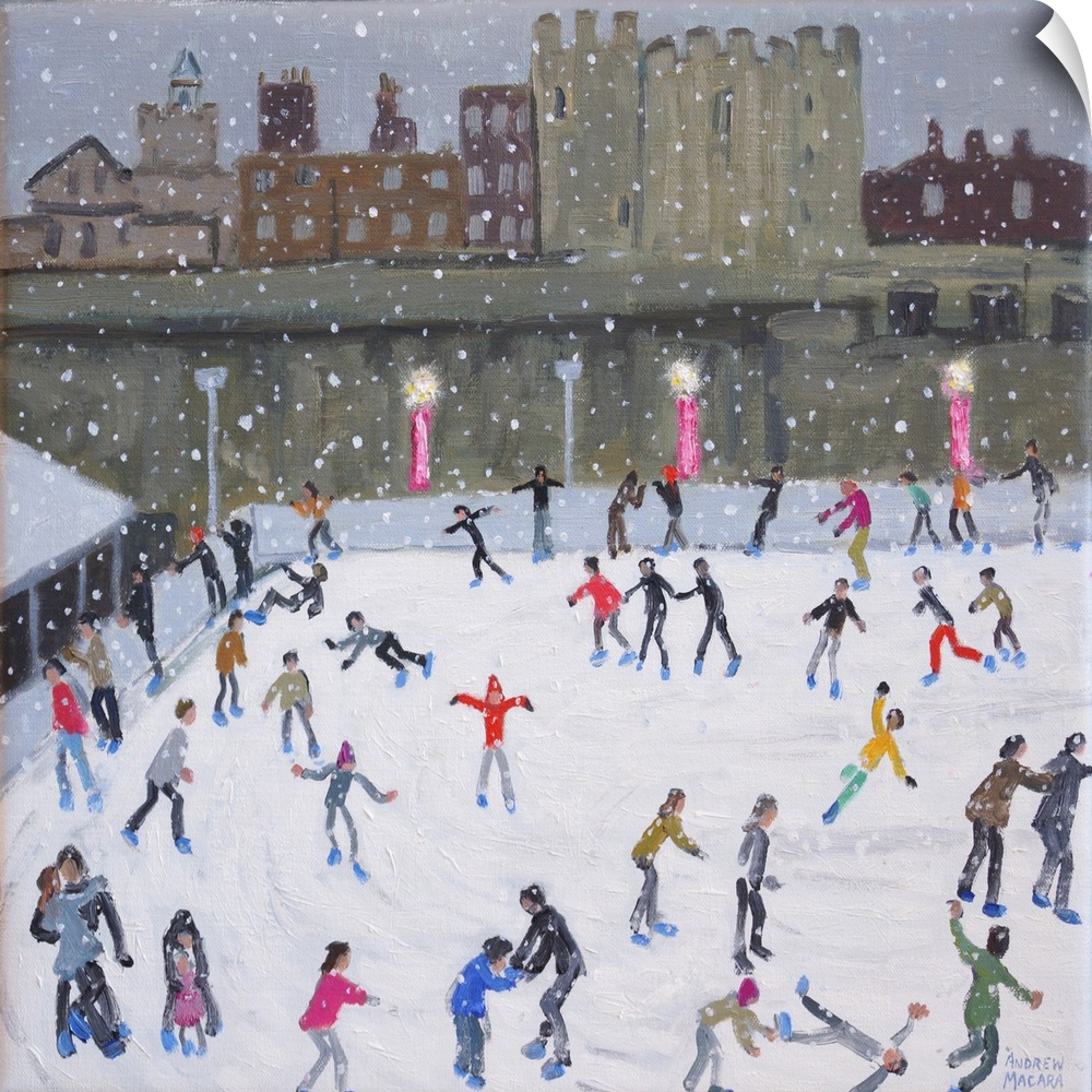 Contemporary painting of a skating rink filled with ice skaters.
