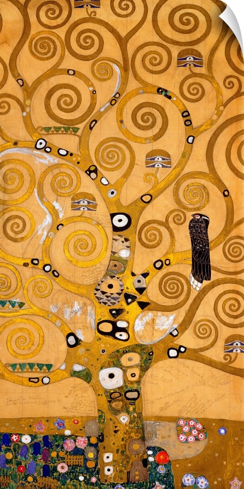 Modern painting of a large, golden tree with all its branches in spiral shapes, and patchwork-like patterns on the trunk.